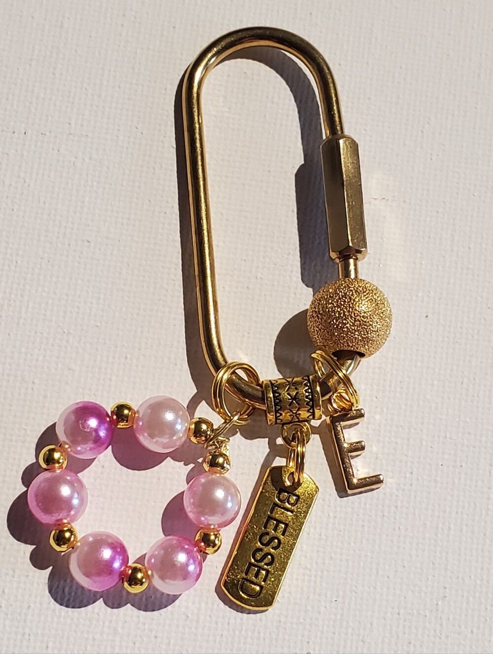 💐Sale 2/$30  Carabiner Brass Keyring Charm with  Pearl Bead Ring Blessed Tag.